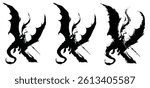 A knight in armor with a spear and shield riding a dragon. He flies fearlessly, preparing for battle. A long cloak flutters in the wind. Black blob silhouette, dynamic composition. 2d art