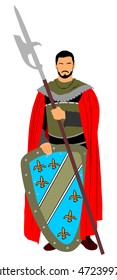 Knight in armor, with spear and shield vector silhouette illustration isolated on white background. Medieval hero in battle. Chevalier in action. Guard keeps the gates of the castle. legend of courage