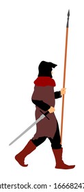 Caballero en armadura con lanza, espada y escudo ilustrado vectorial aislado. Combatiente medieval en batalla. Hero mantiene las paredes del castillo. Hombre armado defiende el honor de su familia. Defender al país contra el enemigo.