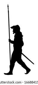 Caballero en armadura con lanza, espada y escudo de silueta vectorial aislado. Combatiente medieval en batalla. Hero mantiene las paredes del castillo. Hombre armado defiende el honor de su familia. Defender al país contra el enemigo.