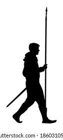 Ritter in Rüstung mit Speer, Schwert und Schild Vektorsilhouette einzeln. Mittelalter Kämpfer im Kampf. Hero bewahrt Burgmauern auf. Der bewaffnete Mann verteidigt die Ehre seiner Familie. Verteidige das Land gegen den Feind.