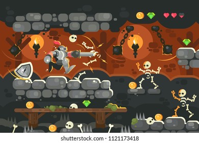 Knight In Armor With Sword In Dungeon. Game Interface With Skeleton In Castle. Vector Illustration