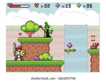 Knight in armor with a sword goes to slime. Pixel computer game interface. Wizard in mantle waiting for the hero. Character in costume works with magic. Way through deep. Old 8-bit mobile game of 80s