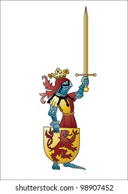 knight in armor with a sword and golden shield with the emblem a red Lion