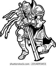 Knight With Armor, Sword, Helmet. Kneeling Knight Tribal Art (Editable) - Vector Illustration