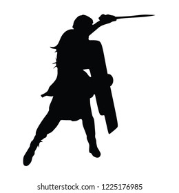 Knight in armor, with sword, helmet and shield vector illustration isolated on white background. Medieval fighter in battle. Hero keeps castle walls. Scary hang man before execution.