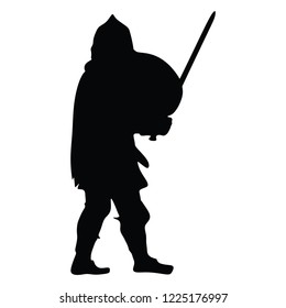 Knight in armor, with sword, helmet and shield vector illustration isolated on white background. Medieval fighter in battle. Hero keeps castle walls. Scary hang man before execution.