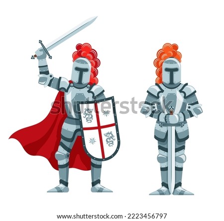Knight in armor with sword and shield. Crusader in armor and cloak. Cartoon knight.