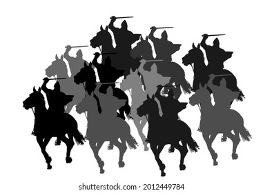 Knight in armor with sword and shield riding horse vector silhouette isolated. Horseman medieval fighter in battle. Cavalryman hero keeps castle walls. Armed man defends country against enemy.