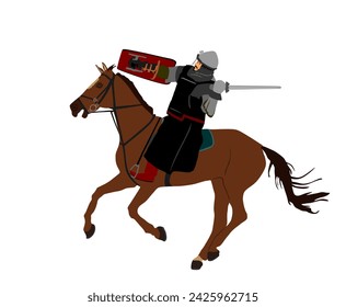 Knight in armor with sword and shield riding horse vector illustration isolated. Horseman medieval fighter in battle. Cavalryman hero keeps castle walls. Armed man defends country against enemy.