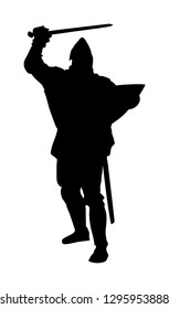 Knight in armor with sword and shield vector silhouette isolated. Medieval fighter in battle. Hero keeps castle walls. Armed man defends honor of his family and people. Defend country against enemy.