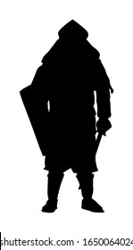 Knight in armor with sword and shield vector silhouette isolated. Medieval fighter in battle. Hero keeps castle walls. Armed man defends honor of his family and people. Defend country against enemy.