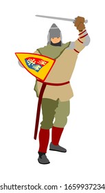 Knight in armor with sword and shield vector isolated on white. Medieval fighter in battle. Hero keeps castle walls. Armed man defends honor of his family and people. Defend country against enemy.