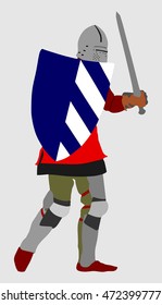 Knight in armor with sword and shield vector illustration isolated. Medieval fighter in battle. Hero keeps castle walls. Armed man defends honor of his family and people. Defend country against enemy.