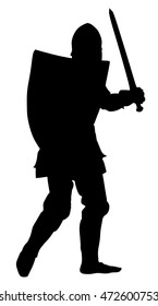 Knight in armor with sword and shield vector silhouette isolated. Medieval fighter in battle. Hero keeps castle walls. Armed man defends honor of his family and people. Defend country against enemy.
