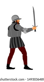 Knight in armor with sword vector illustration isolated on white. Medieval fighter in battle. Hero keeps castle walls. Armed man defends honor of his family and people. Defend country against enemy.