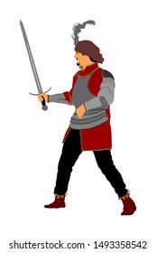 Knight in armor with sword vector illustration isolated on white. Medieval fighter in battle. Hero keeps castle walls. Armed man defends honor of his family and people. Defend country against enemy.