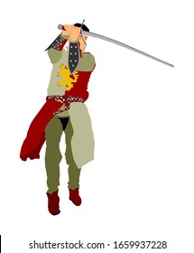Knight in armor with sword vector illustration isolated on white. Medieval fighter in battle. Hero keeps castle walls. Armed man defends honor of his family and people. Defend country against enemy.