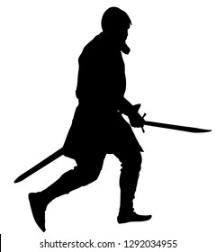 Knight in armor with sword vector silhouette isolated on white. Medieval fighter in battle. Hero keeps castle walls. Armed man defends honor of his family and people. Defend country against enemy.