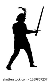 Caballero en armadura con silueta vectorial de espada aislada en blanco. Combatiente medieval en batalla. Hero mantiene las paredes del castillo. Hombre armado defiende el honor de su familia y su pueblo. Defender al país contra el enemigo.