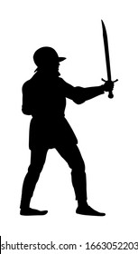Caballero en armadura con silueta vectorial de espada aislada en blanco. Combatiente medieval en batalla. Hero mantiene las paredes del castillo. Hombre armado defiende el honor de su familia y su pueblo. Defender al país contra el enemigo.