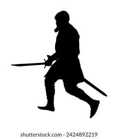 Knight in armor with sword vector silhouette illustration isolated. Medieval fighter in battle. Hero keeps castle walls. Armed man defends honor of his family and people. Defend country against enemy.