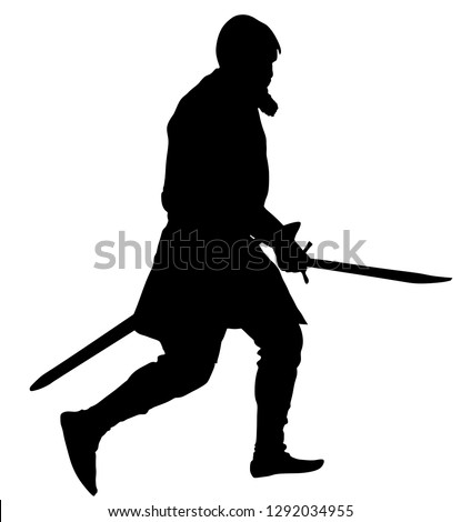 Knight in armor with sword vector silhouette isolated on white. Medieval fighter in battle. Hero keeps castle walls. Armed man defends honor of his family and people. Defend country against enemy.