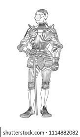 Knight in armor. Vector black and white illustration of a knight in armor and with a sword.