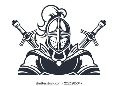 Knight in armour, chivalry logo with crusader and swords, sport team emblem, vector