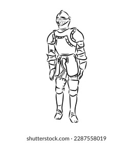 Ilustración vectorial de grabado de armadura de caballero. Imitación del estilo de la tabla de rayas. Imagen dibujada a mano en blanco y negro.