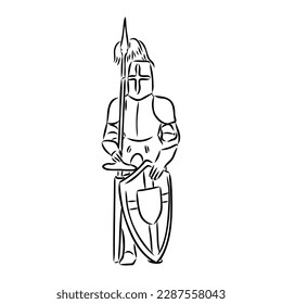 Ilustración vectorial de grabado de armadura de caballero. Imitación del estilo de la tabla de rayas. Imagen dibujada a mano en blanco y negro.