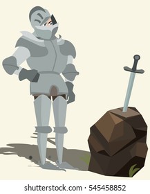 knight in armour looking at sword in stone vector cartoon