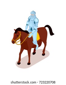 Knight with armour riding brown horse, man without weaponry, calmly moving forward, depicted on vector illustration isolated on white