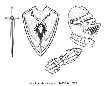 Knight armour set sketch engraving vector illustration. T-shirt apparel print design. Scratch board style imitation. Black and white hand drawn image.