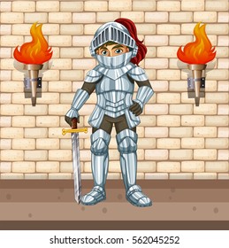 Knight in armour suit with silver sword illustration