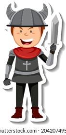 Knight in armour with sword cartoon sticker illustration