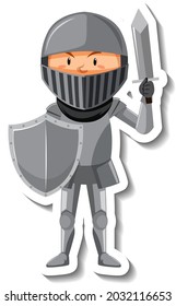 Knight in armour with sword and shield cartoon sticker illustration