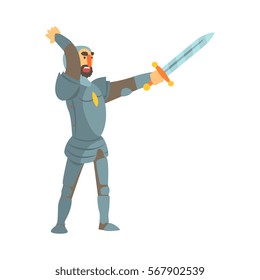 Knight Attacking With Full Body Armor And Sword Fairy Tale Cartoon Childish Character