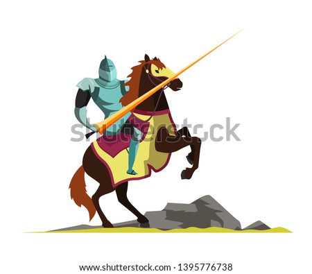 Knight attacking on horseback flat vector illustration. Tournament scene. Armed medieval fighter cartoon character. Ancient warrior. Affair of honor, duel. Middle ages lord isolated design element