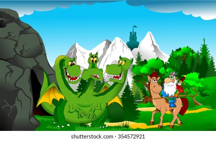 Knight attacks the fire breathing dragon, vector