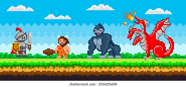 El caballero ataca a un robot mecánico en armadura, gorila y dragón. Cavalier de Pixel cerca de monstruos