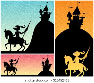 Knight Backgrounds: Set of cartoon banners with knight and castle silhouettes, and copy space for your text. 