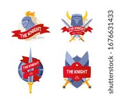 The Knight badge, company, firm logo, flat knight sword, helmet with inscription on ribbon, vector illustration isolated on white. Medieval icon with sword, shield for modern business.