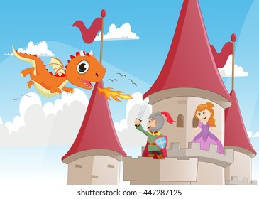 knight battling a dragon to protect the princess