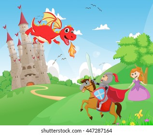 knight battling a dragon to protect the princess