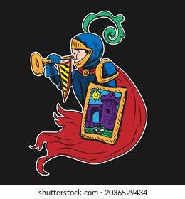 A knight blows a trumpet on a black isolated background vector drawing. eps