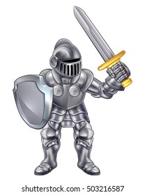 Knight cartoon character in his suit of armour holding a sword and shield
