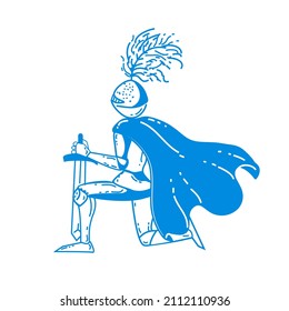 Knight cartoon illustration. Warrior with sword on one knee. Doodle style childish illustration
