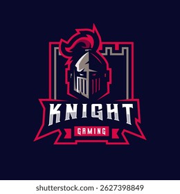 Knight in castle esport game logo design illustration vector. Warrior gaming badge icon