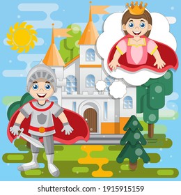 The knight at the castle thinks about the princess. Background. Vector illustration.